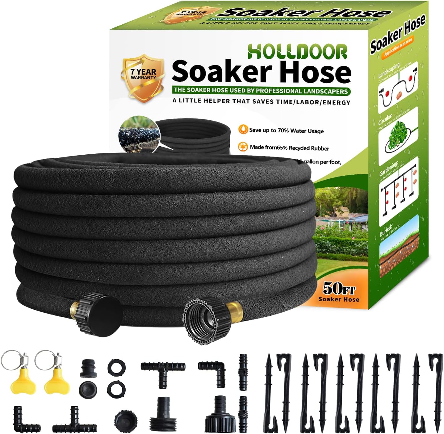 Holldoor Soaker Hose 100 Ft for Garden Beds with Soaker Hose Kit, 1/2’’ Diameter Garden Hose for Soaker, 70% Water Saving Drip Hose Irrigation for Lawn, Landscaping, Garden (100 FT) Pack of 2