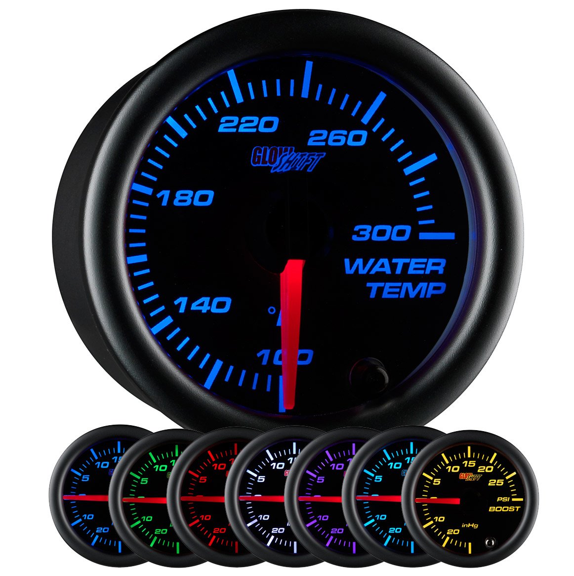 GlowShift Black 7 Color 300 F Water Coolant Temperature Gauge Kit - Includes Electronic Sensor - Black Dial - Clear Lens - for Car & Truck - 2-1/16