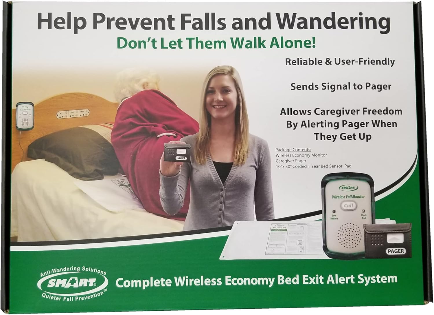 Wireless Economy Quiet Fall Alert with 10in x 30in Bed Pad and Caregiver Pager in Retail Packaging