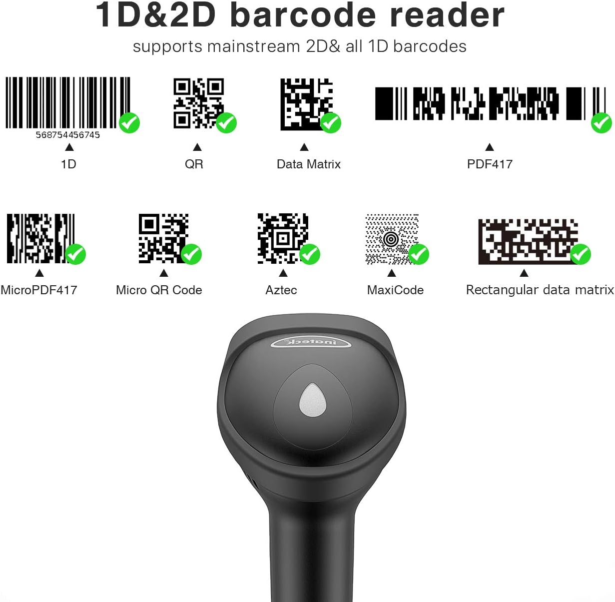 Barcode Scanner, Inateck QR Code Scanner, 2D, Wireless, Bluetooth, Read Screen, BCST-50 Black