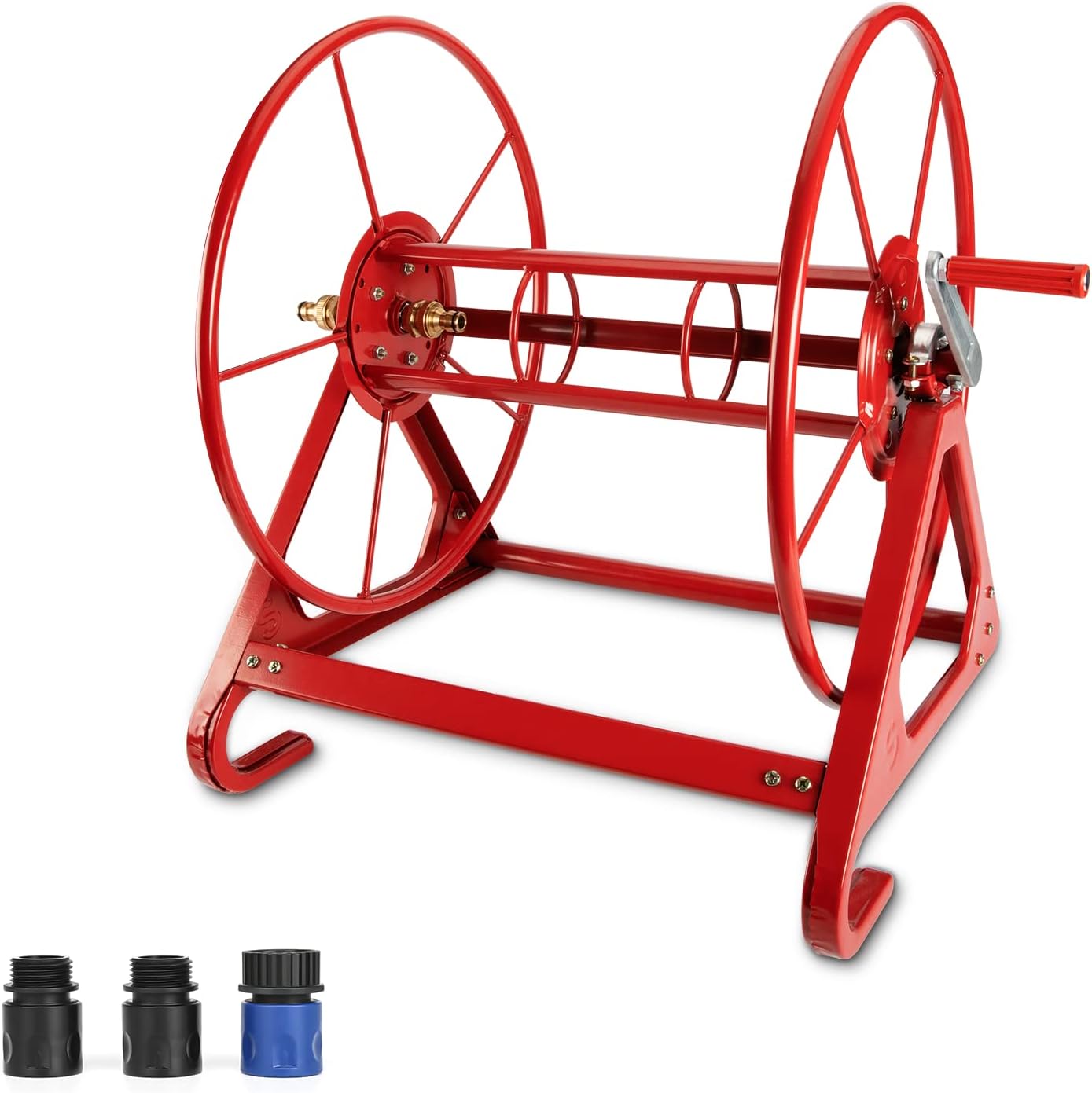 Yunnix Garden Hose Reel Holder Heavy Duty Water Hose Reel Wall/Floor Mounted for Outside Hose Storage Hold 200 FT 3/4 Inch Hose Cart with Quick Connector Adapters