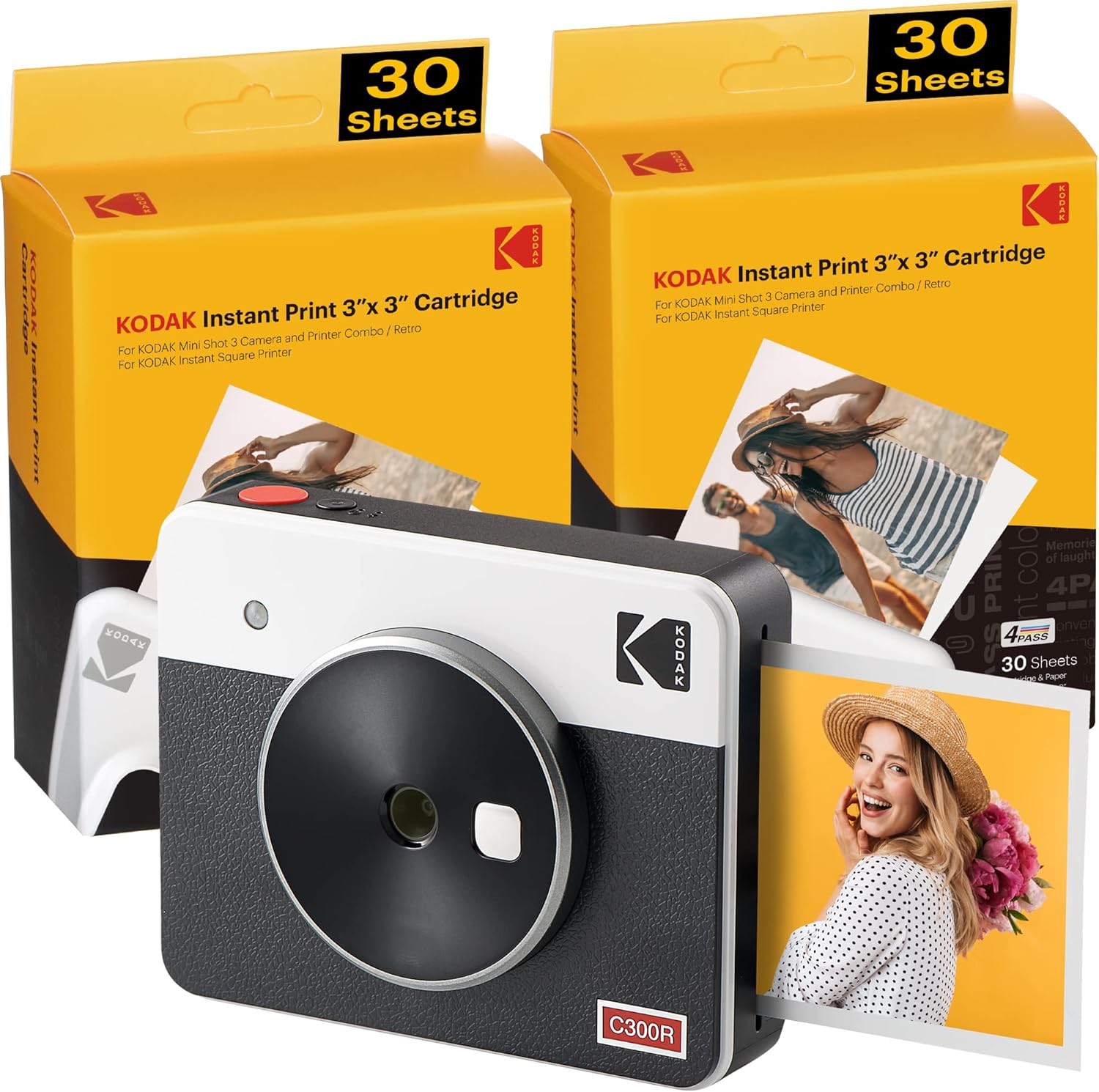 Kodak Mini Shot 3 Retro (60 Sheets) 3x3 2-in-1 Portable Wireless Instant Camera & Photo Printer, Compatible with iOS, Android & Bluetooth, Real Photo HD, 4PASS Technology & Laminated Finish – White