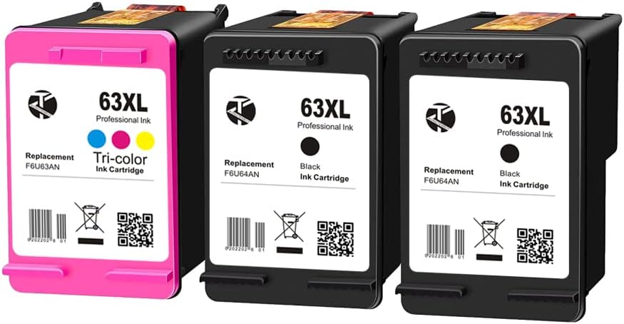 KONGTENBUY - Remanufactured 63XL Ink Cartridge Replacement for HP Envy 4510 4520 4525 4528 HP OfficeJet 5267 5255 3830 4650 5258 3832 HP DeskJet 1110 1112 2132 3630 3636 (2Black 1 Tricolor) Pack of 2