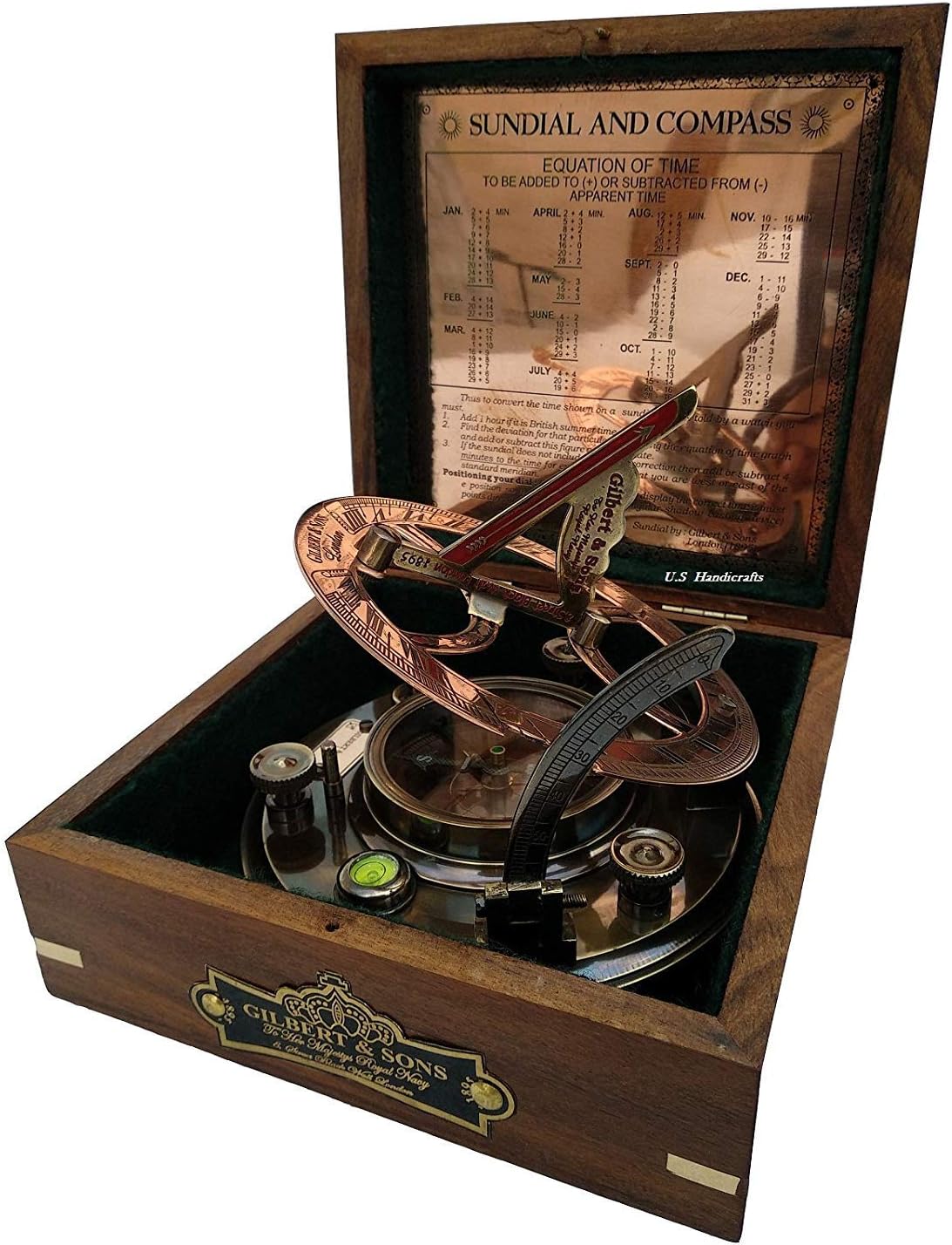 US HANDICRAFTS Brass Nautical Gift Ideas for Men Xmas 5 Inch Perfectly Calibrated Large Sundial Compass Rosewood Case Top Grade Engraved Brass Sundial with Embossed Needle Pack of 2