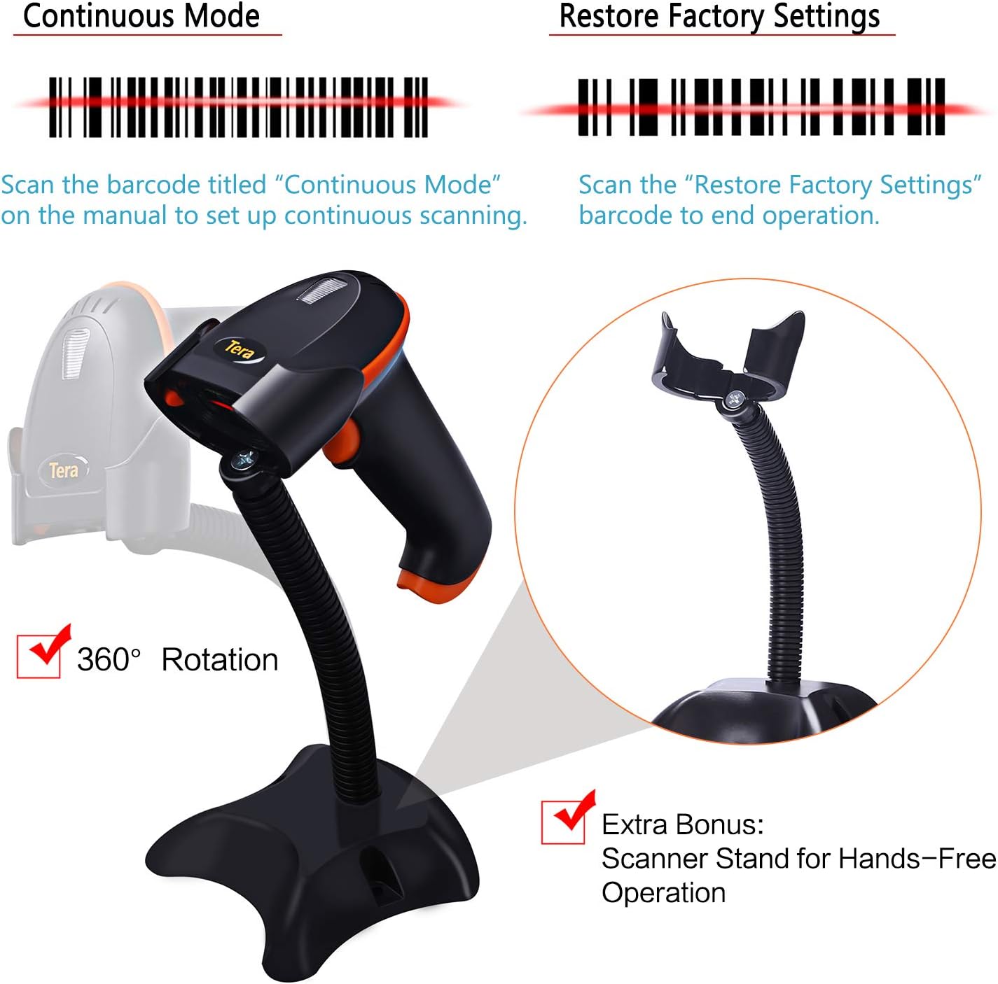 Tera Barcode Scanner Wireless Versatile 2-in-1 (2.4Ghz Wireless+USB 2.0 Wired) 1D 2D QR Code Scanner with Stand Cordless Bar Code Reader for Mail Store Supermarket Warehouse EVHK0004-1 Pack of 2