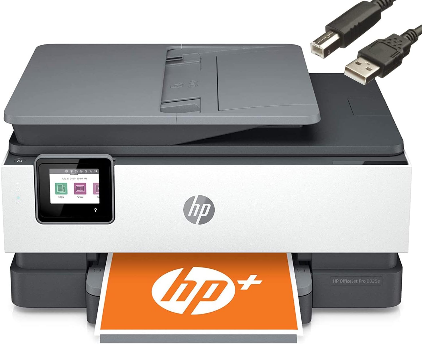 HP OfficeJet Pro 8025e All-in-One Wireless Color Inkjet Printer for Office - Print Scan Copy Fax- Auto 2-Sided Printing-4800 x 1200 dpi, 20 ppm, 225-Sheet, Gray-Bundle with Ahaghug Printer Cable