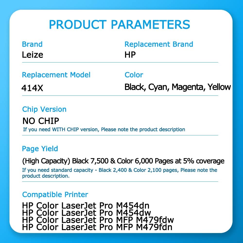 Leize Compatible Toner Cartridges Replacement for HP 414X 414A W2020X W2021X W2022X W2023X High Yield use for Color Pro MFP M479fdw M479fdn M454dw M454dn 4-Pack KCMY