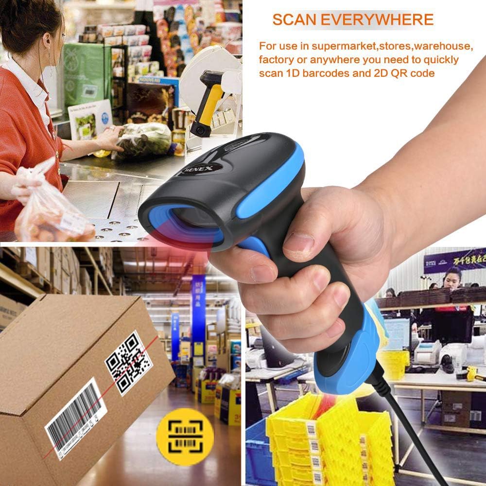 HENEX HC-3208R 2D Wireless Barcode Scanner 2 in 1 Wired Handheld QR Code Scanner USB 1D Barcode Reader Rechargeable (Blue)