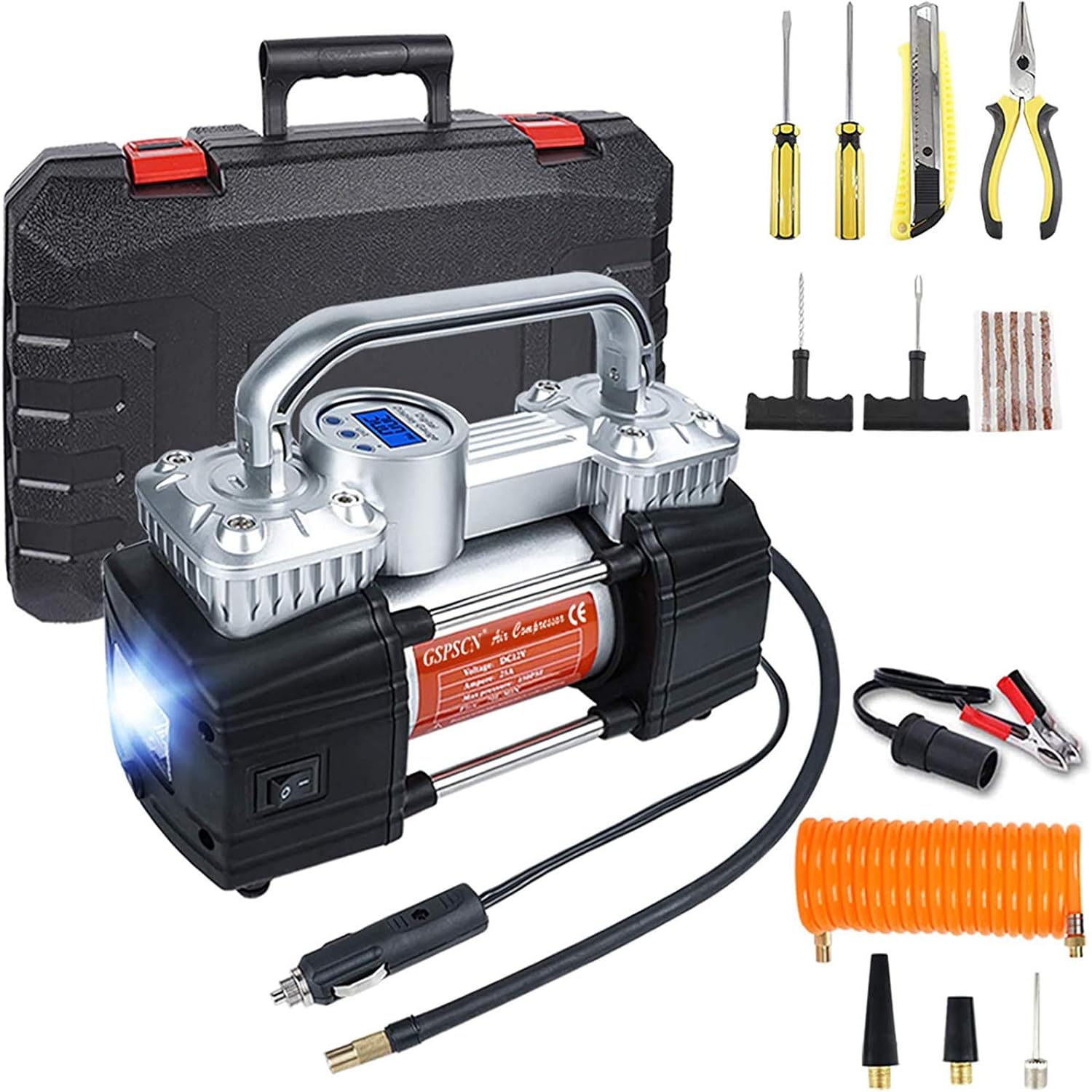 GSPSCN Digital Tire Inflator, Portable Toolbox 12V Air Compressor Pump Heavy Duty Dual Cylinders Car Pump,150Psi Auto Shut-Off with Tire Repair Kit for Auto,SUV,Truck etc