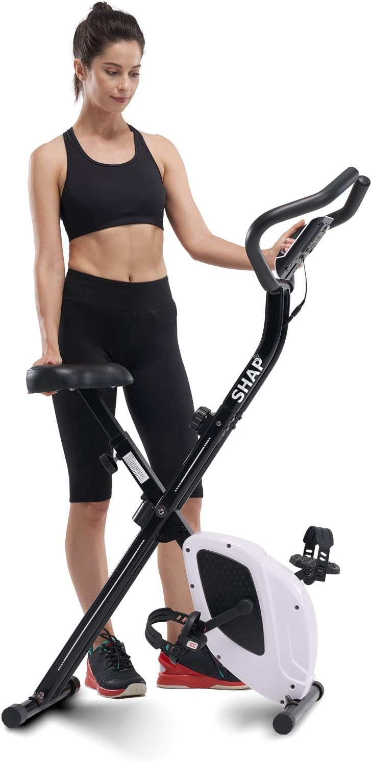 SHAP+ Stationary Folding Exercise Bike with Hight Adjustable , Indoor Upright Foldable Cycling Bike with 8-levels Magnetic Resistance , Tablet Holder and Training Computer for Home Workout