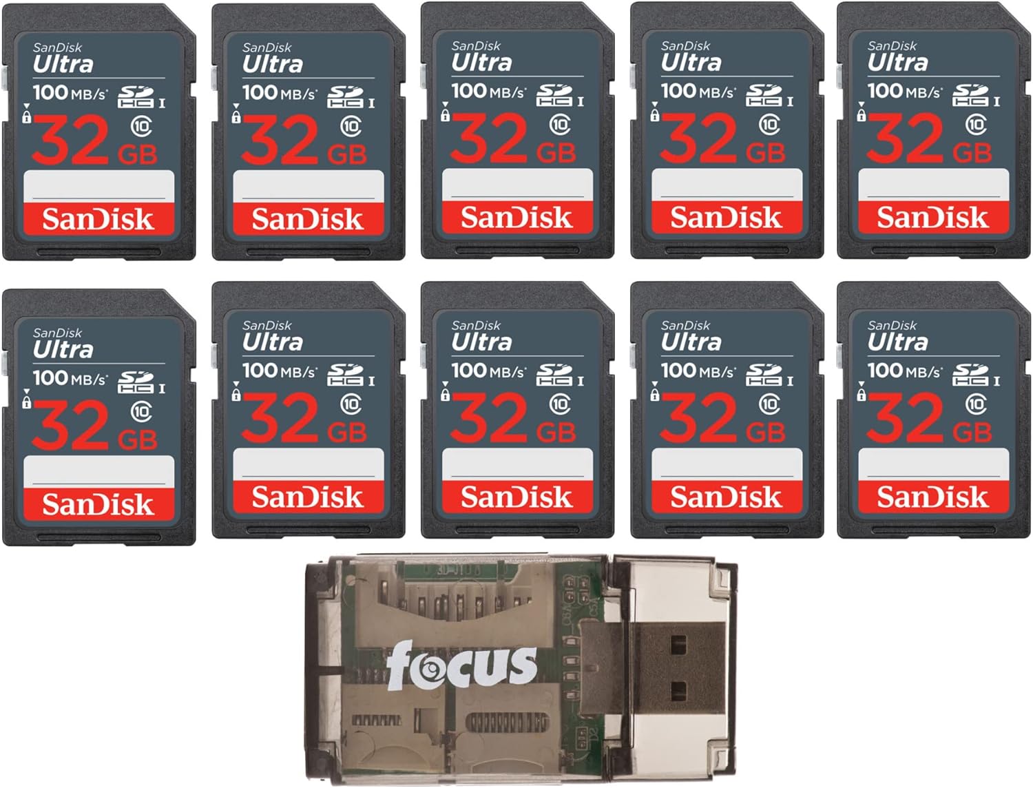 SanDisk 32GB Ultra SDHC UHS-I Memory Card (10-Pack) with Focus High Speed USB Card Reader Bundle (11 Items) Pack of 2