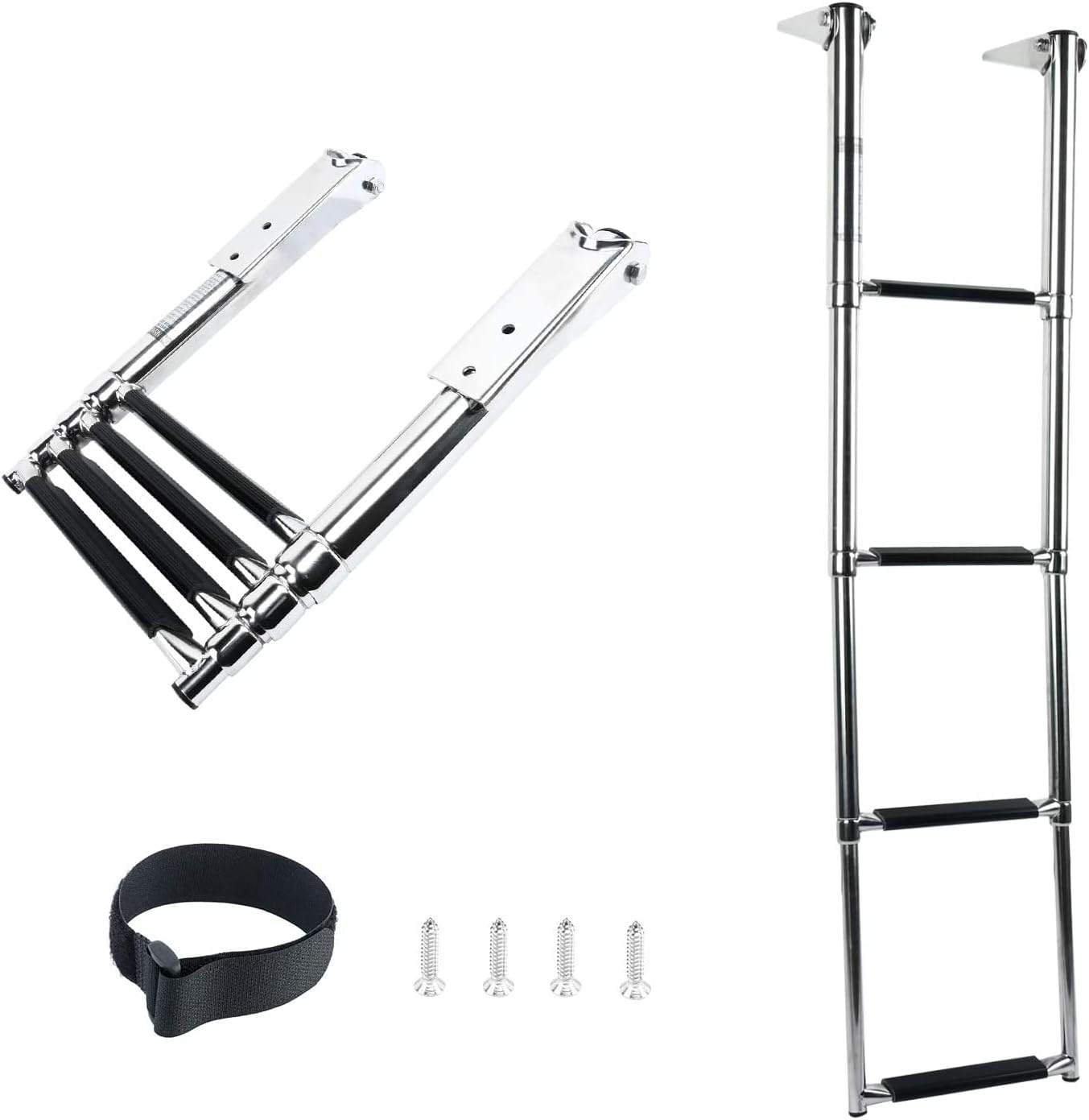 Xeternity-Made 4 Step Ladder 316 Stainless Steel Telescoping Ladder, 900 Pound Capacity for Marine Yacht/Swimming Pool with Retaining Strap Pack of 2