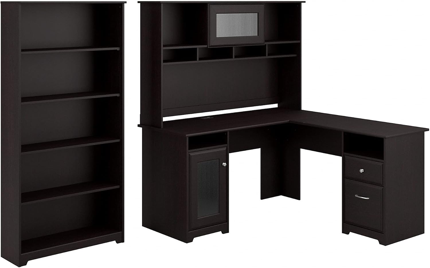 Cabot L Shaped Desk with Hutch and 5 Shelf Bookcase in Espresso Oak