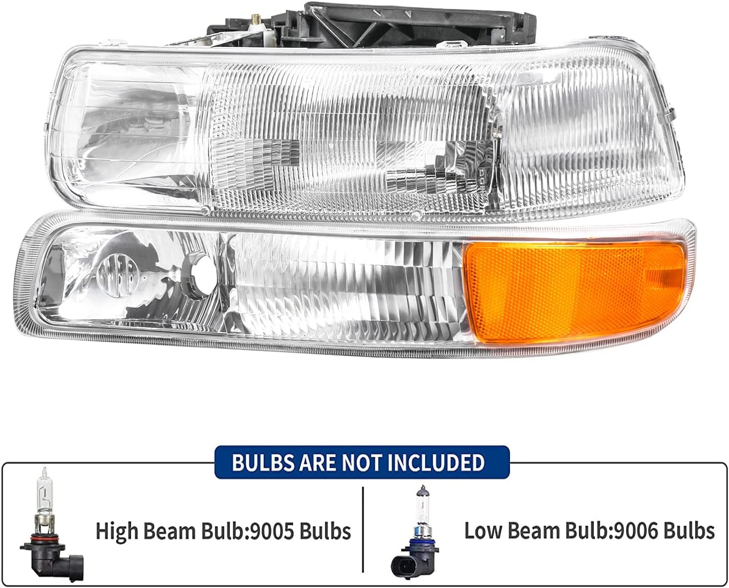 REINKO Factory Style Headlights with Bumper Lights Assembly Set Compatible with 1999-2002 Chevy Silverado 2000-2006 Suburban Tahoe, Chrome Housing Clear Lens Pack of 2