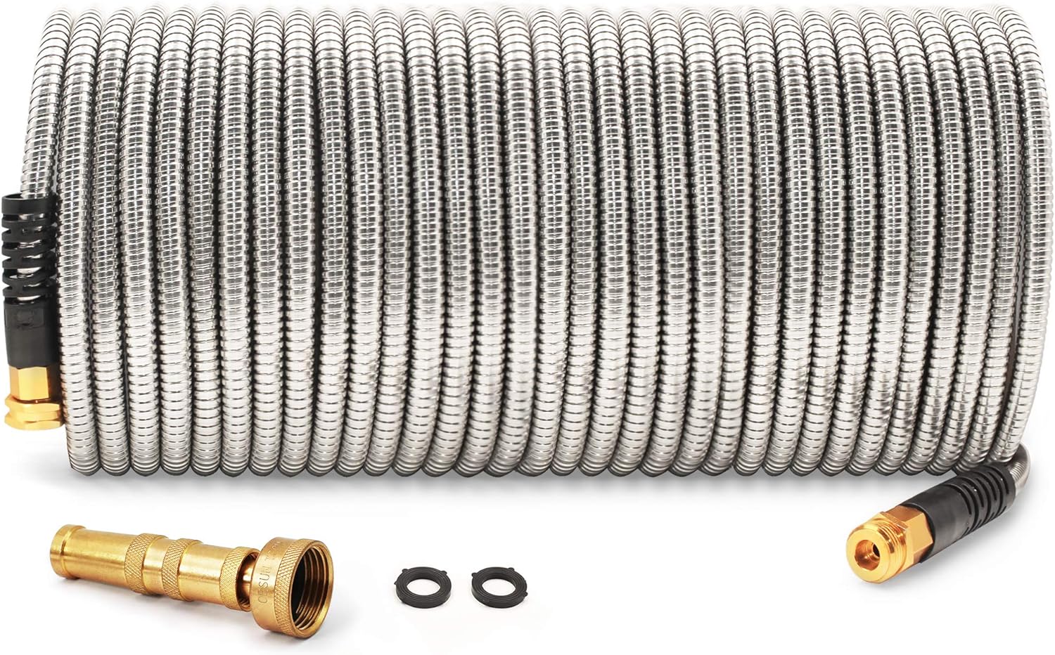 Cesun 50 Feet 304 Stainless Steel Metal Garden Hose with Brass Shut Off Valve, Lightweight Portable Durable Cool to The Touch, Flexible and No Kink, Tangle Puncture Resistant (50FT with Valve) Pack of 2
