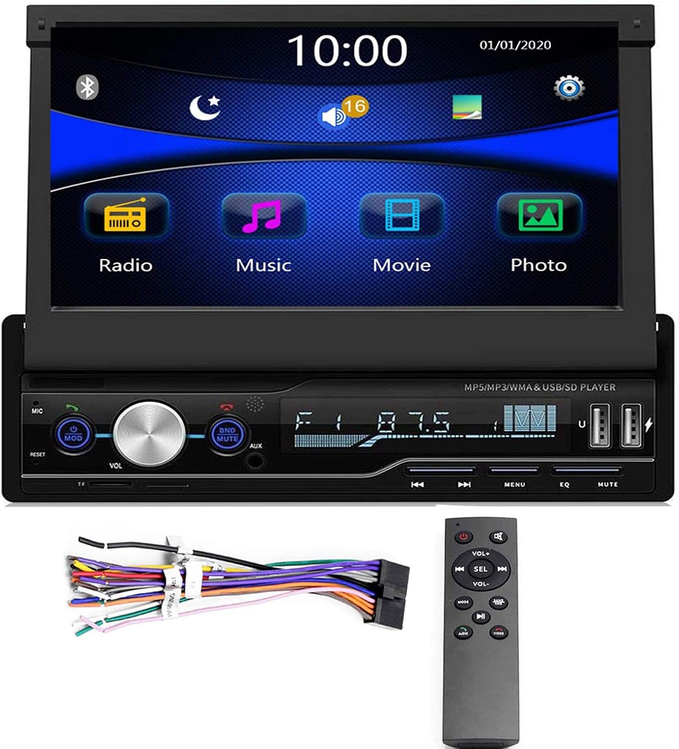 Regetek Single Din Car Stereo 7 inch Bluetooth Car Audio Video Player RDS FM AM Car Radio Player USB/AUX/TF HD Telescopic Retractable Capacitive Touch Screen
