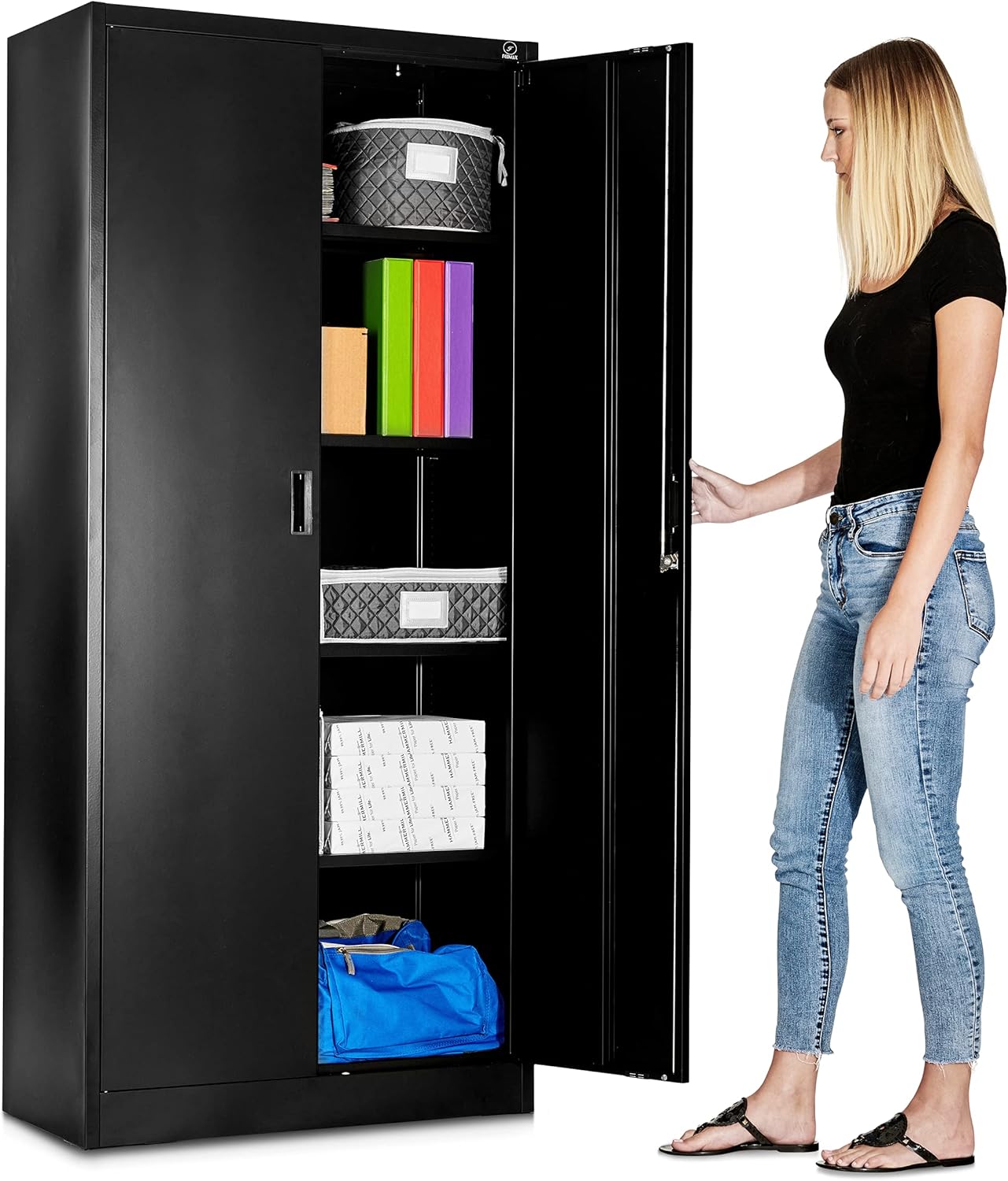 Fedmax Metal Garage Storage Cabinet - 71-inch Tall Large Steel Utility Locker with Adjustable Shelves & Locking Doors - Pantry Cabinets for Kitchen, Office, Classroom, Bathroom - White & Silver