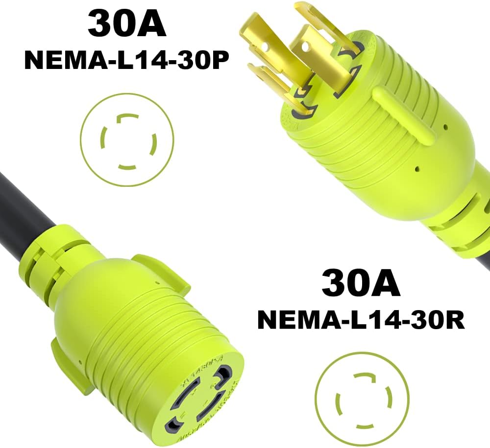 AOWEITOUR 4 Prong 30 Amp Generator Extension Cord,NEMA L14-30P/L14-30R 10 Gauge SJTW,Twist Lock Plug Heavy Duty Electric Extension Wire,125/250V,30Amp 7500W (15FT) Pack of 2