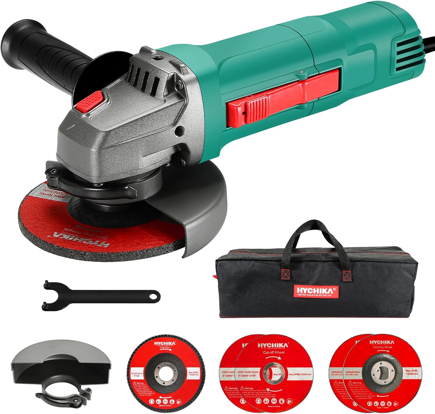 HYCHIKA Angle Grinder,4-1/2inch Grinding Tool 10000RPM with 2 Wheel Guard,5 Wheel Disc,7.5A Power Grinder for Metal,Tile Cutting and Grinding Pack of 2