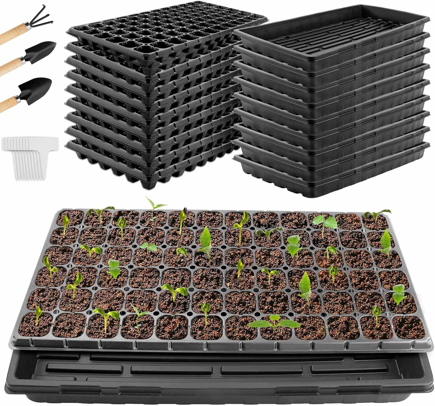 18 Pcs Seed Starter Tray and Base Tray 72 Cells per Plant Growing Tray No Drain Holes on Base Tray Seedlings Starter Tray Kit for Indoor Gardening Hydroponic Germination Wheatgrass Microgreens Pack of 2