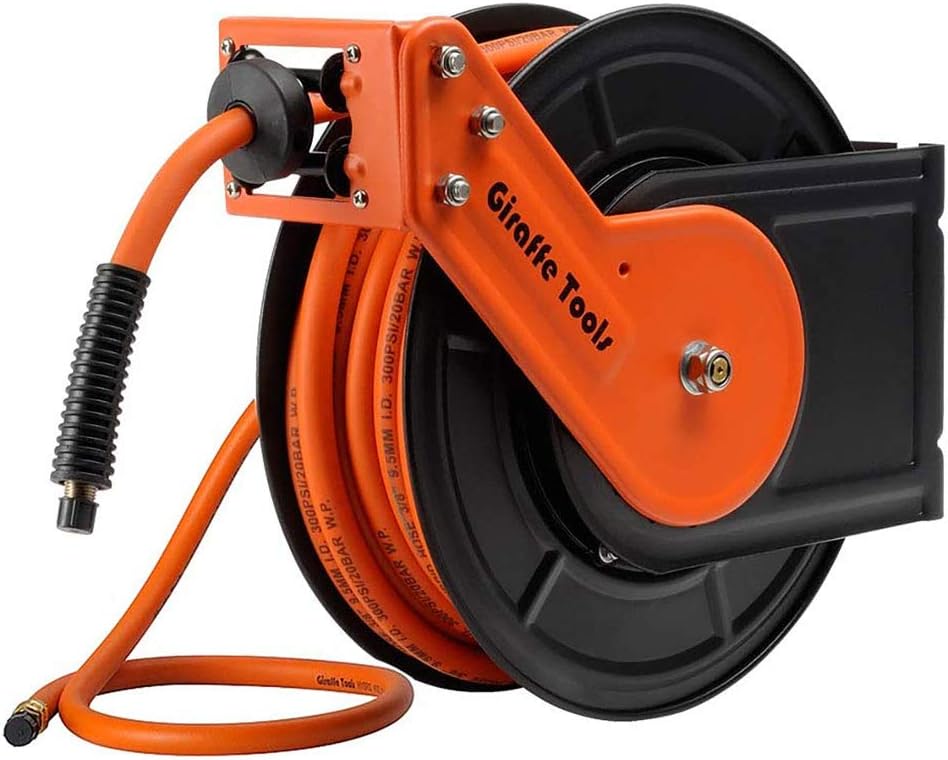 Giraffe Retractable Air Hose Reel Wall Mount with 3/8 in. x 25 FT Hybrid Hose, Pneumatic Heavy Duty Steel Reel Auto Rewind 300PSI Pack of 2