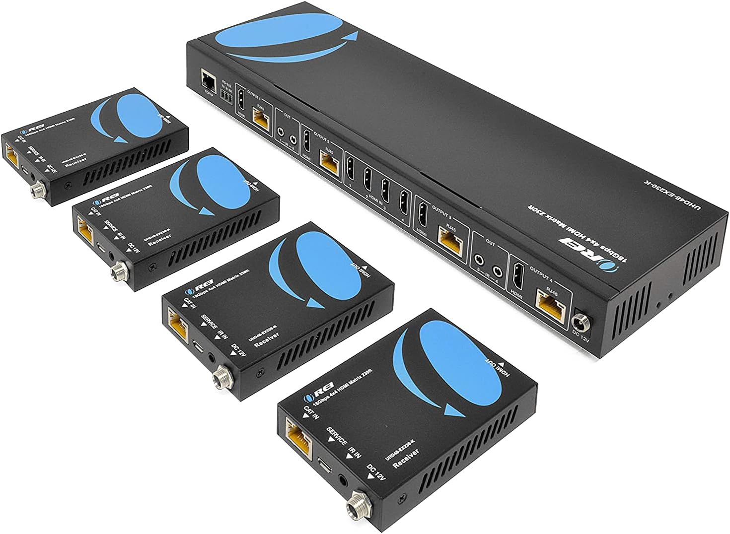 4K 4x4 HDMI Extender Matrix by OREI - UltraHD 4K @ 60Hz 4:4:4 Over Single CAT5e/6/7 Cable with HDR Switcher & IR Control, RS-232 - Up to 230 Ft - 1080P Downscale - 4 x Loop Out - 4 Receivers Included