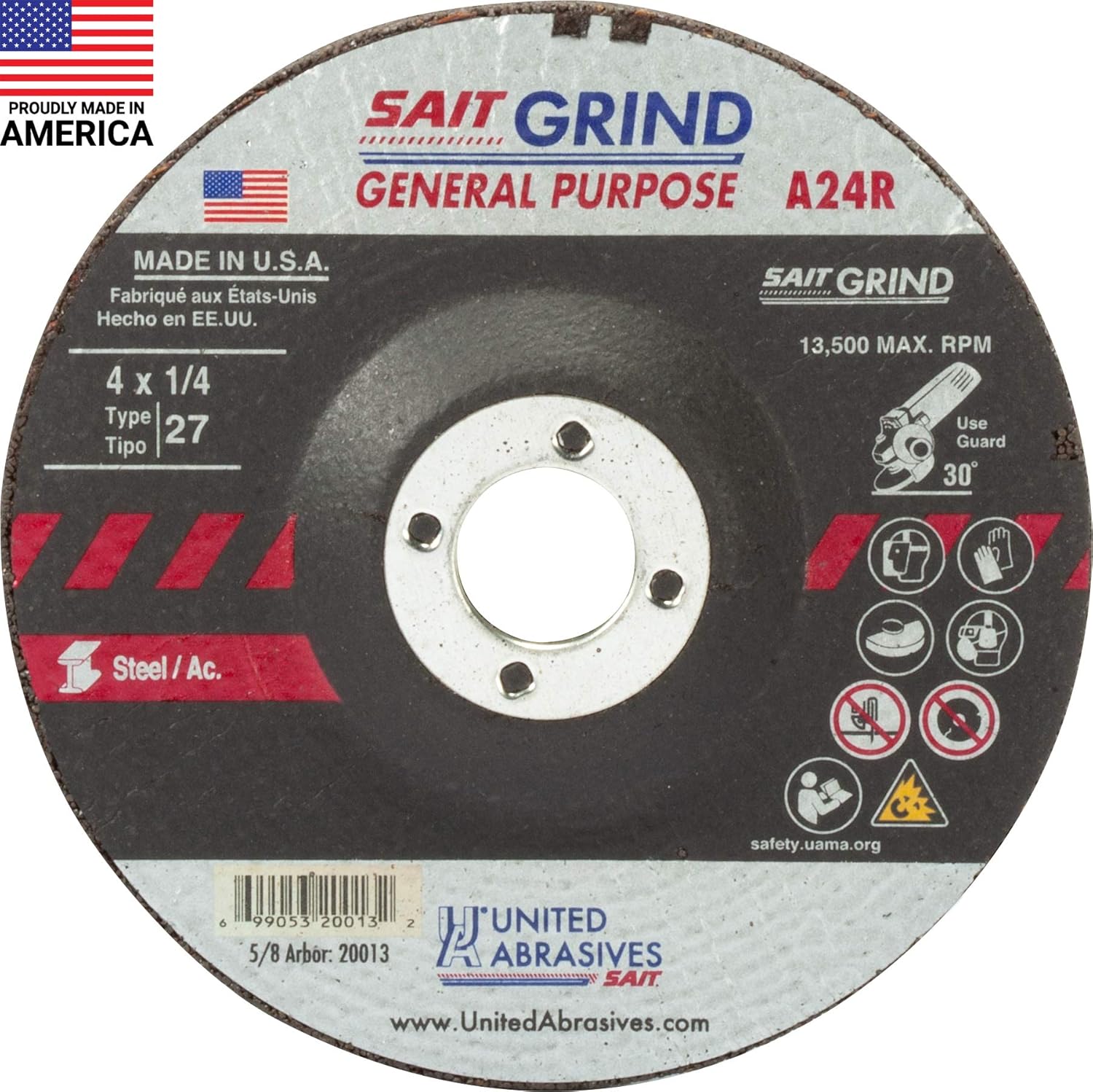 United Abrasives-SAIT 20063 A24R General Purpose/Long Life Grinding Wheel (Type 27/Depressed Center) 4 1/2