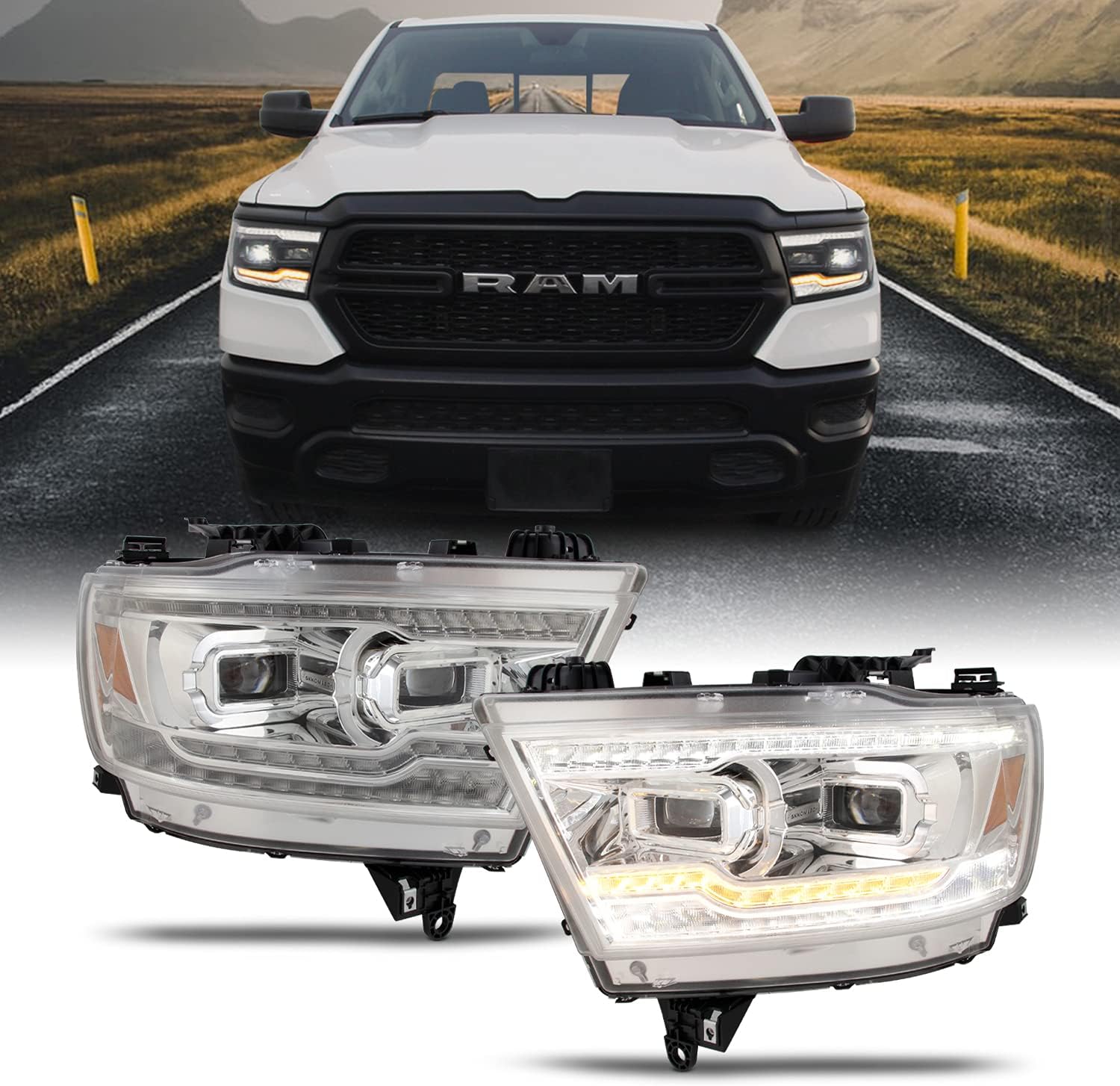 AKKON - Fit 2019-2021 Dodge RAM 1500 Halogen Model Upgrade Dual Projector + Full-LED Sequential Light Bar Headlights- Chrome Housing