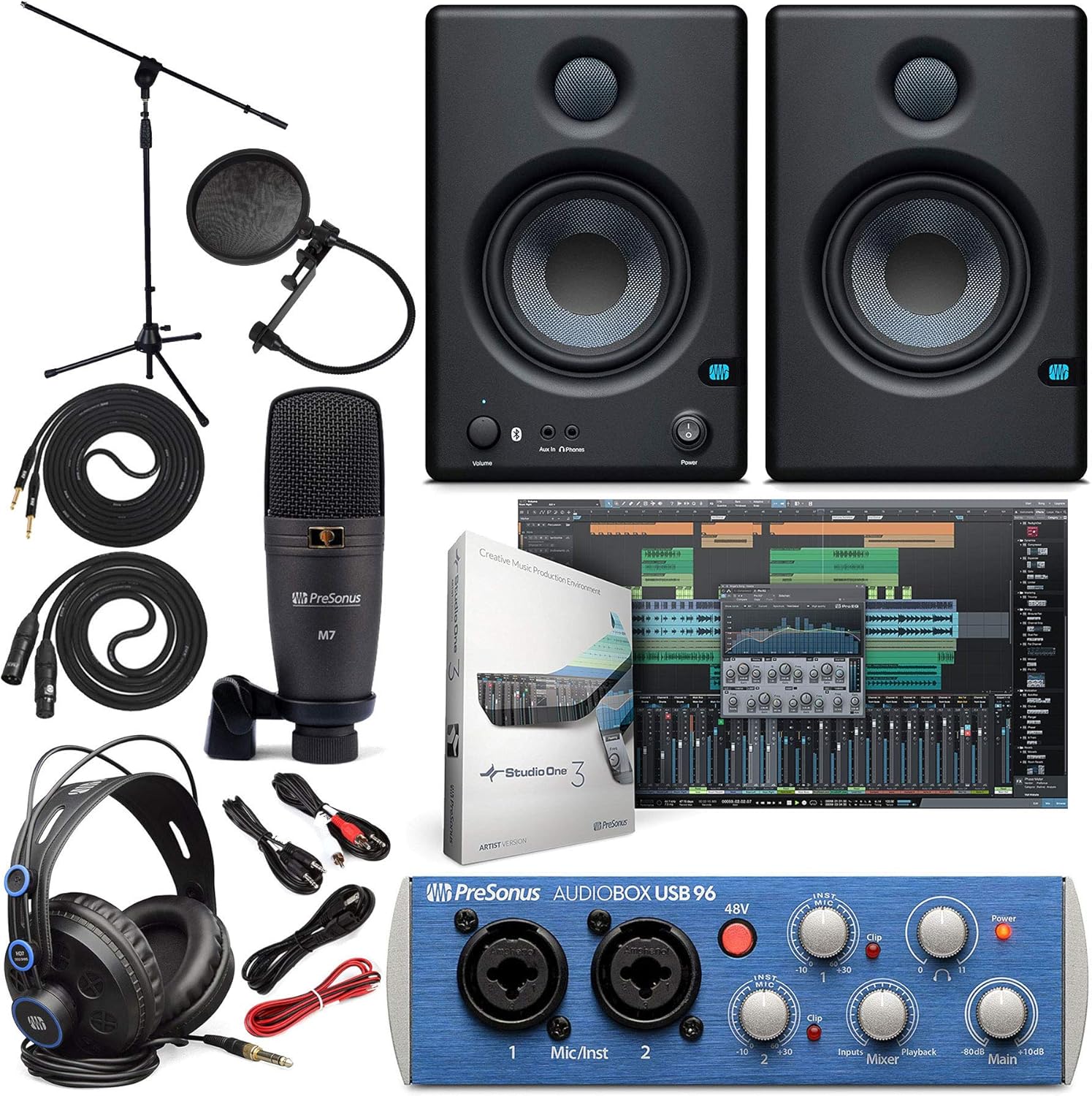 PreSonus AudioBox 96 Audio Interface (May Vary Blue or Black) Full Studio Bundle with Studio One Artist Software Pack with Eris 4.5 BT Pair Studio Bluetooth Monitors and 1/4” Instrument Cable