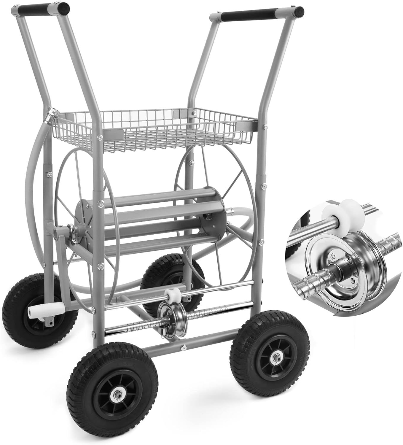SUNNYSTORY All Metal Garden Hose Reel Cart with Metal Hose Guide System, Holds 150 Feet of 5/8 Inch Hose Cart with Solid Tires for Garden, Yard, Lawn