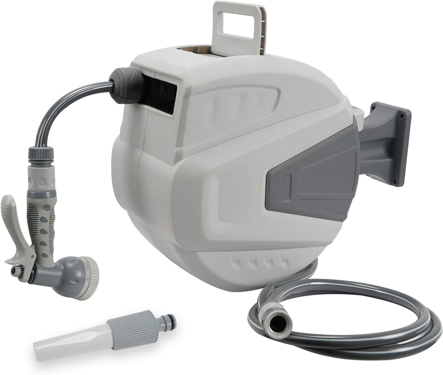 Ayleid Retractable Garden Hose Reel,3/8 in x 66 ft Wall Mounted Hose Reel, with 9- Function Sprayer Nozzle, Any Length Lock/Slow Return System/Wall Mounted/180°Swivel Bracket (White)