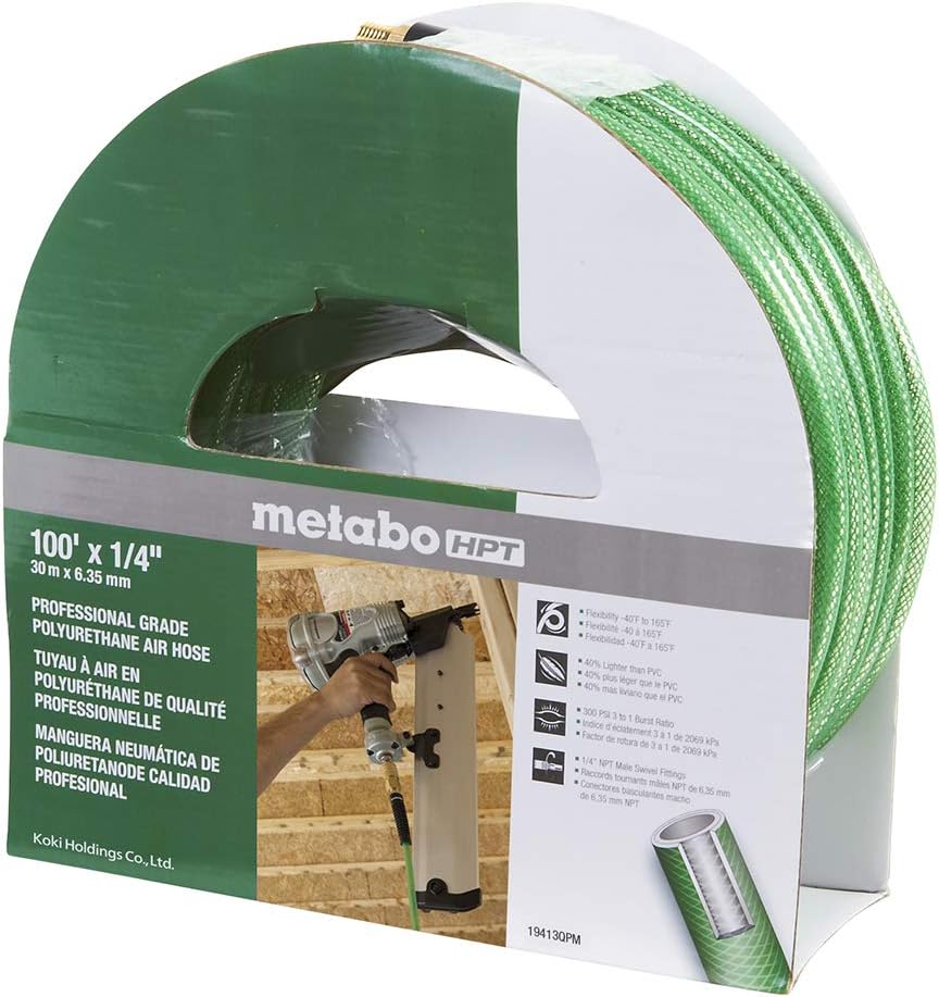 Metabo HPT Air Hose | 1/4-Inch x 100 Ft | Professional Grade Polyurethane | 300 PSI | 19413QPM , Green Pack of 2