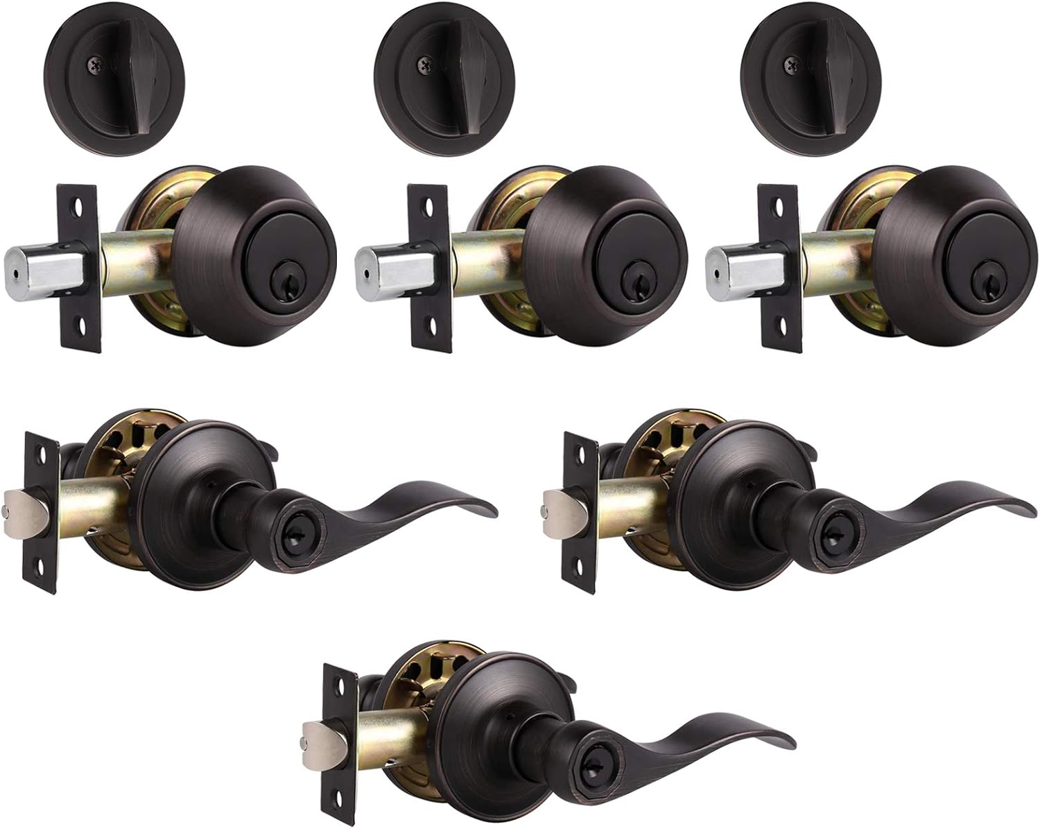 4 Pack Front Door Entry Lever Lock Set and Single Cylinder Deadbolt Keyed Alike Combination Set, Wave Style Door Lever Handle Set [Front Door or Office] Right & Left Sided Doors, Oil Rubbed Bronze