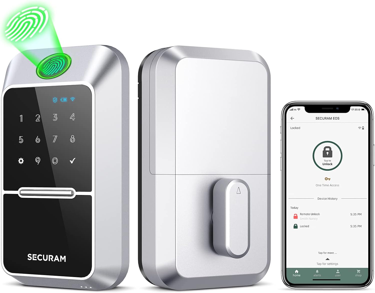 SECURAM EOS Wi-Fi Smart Lock w/ Fingerprint, Code, Remote Control, High-Security Keyless Entry Door Lock, Voice Control with Alexa & Google, Smart Deadbolt Lock for Home (Silver)
