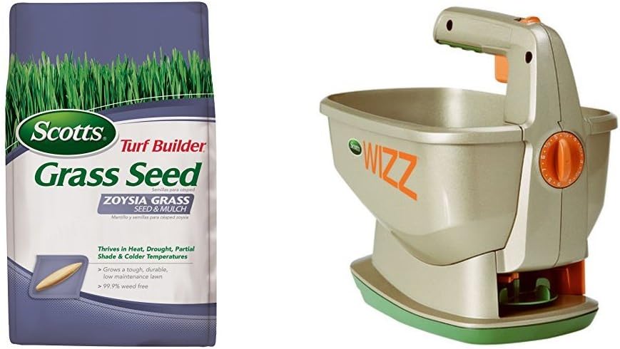 Scotts Turf Builder Zoysia Grass Seed & Mulch and Wizz Spreader Pack of 2