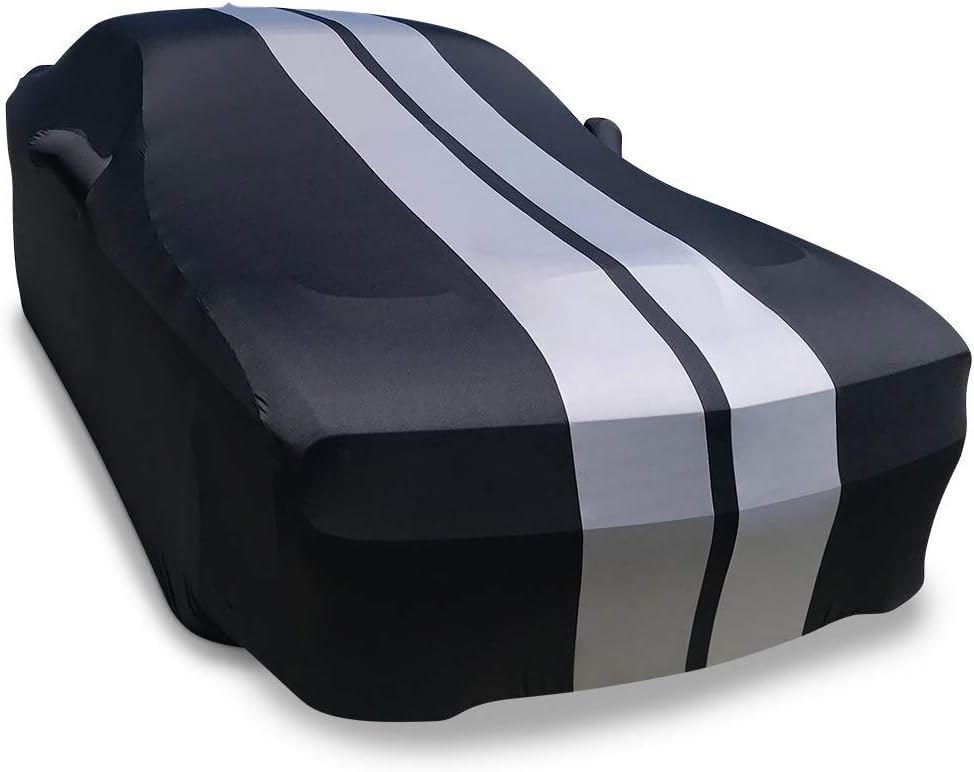 SR1 Performance Ultraguard Stretch Satin Indoor Car Cover Compatible for 2008-2022 Dodge Challenger - The Ultimate Custom FIT (Black with Gray Stripes)