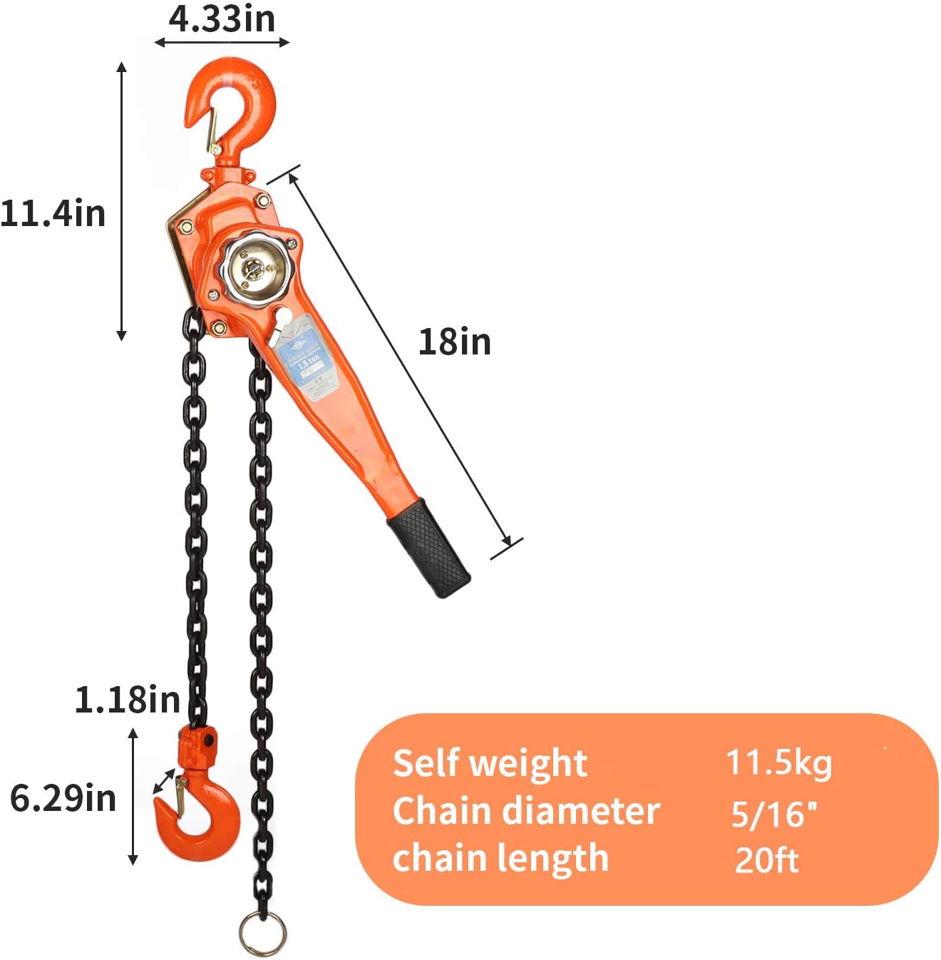 MYOYAY 1-1/2 Ton Manual Lift Lever Block Chain Hoist 3307LBS Chain Come Along 20 feet Ratchet Chain Hoist Come Along Puller 5/16