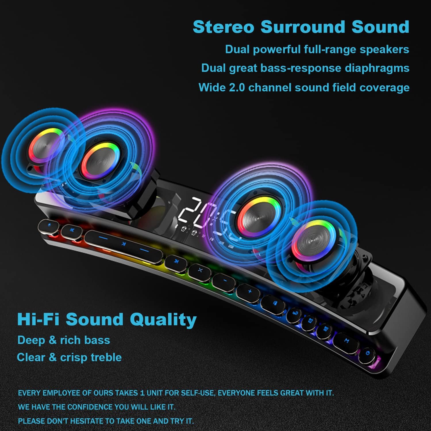 Dynamic RGB Computer Speakers Sound Bar Desktop PC Gaming Speaker Soundbar with Wireless Bluetooth 5.0, Small Sound Bars for Laptop, Tablet, TV, USB Powered Battery Operated Speakers, Built-in Mic Pack of 2