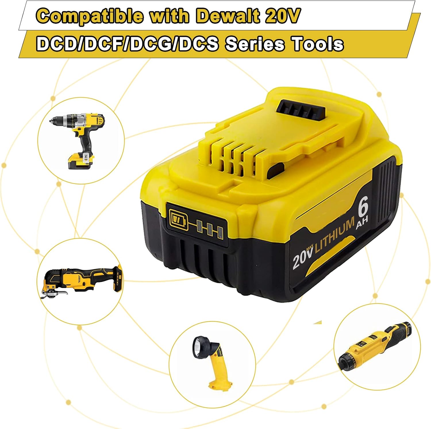 4 Packs 6.0Ah 20 Volt DCB206 Battery Compatible with Dewalt 20V Battery DCB200 DCB201 DCB203 DCB204 DCB205 DCB207