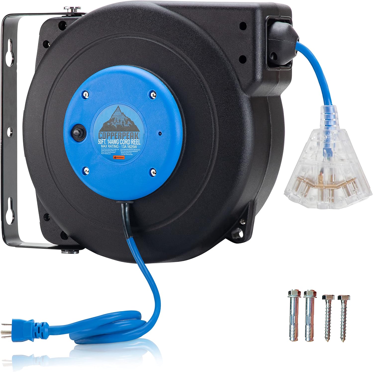 CopperPeak 50 ft Retractable Extension Cord Reel - Ceiling or Wall Mount - 12 Gauge - Blue and Grey