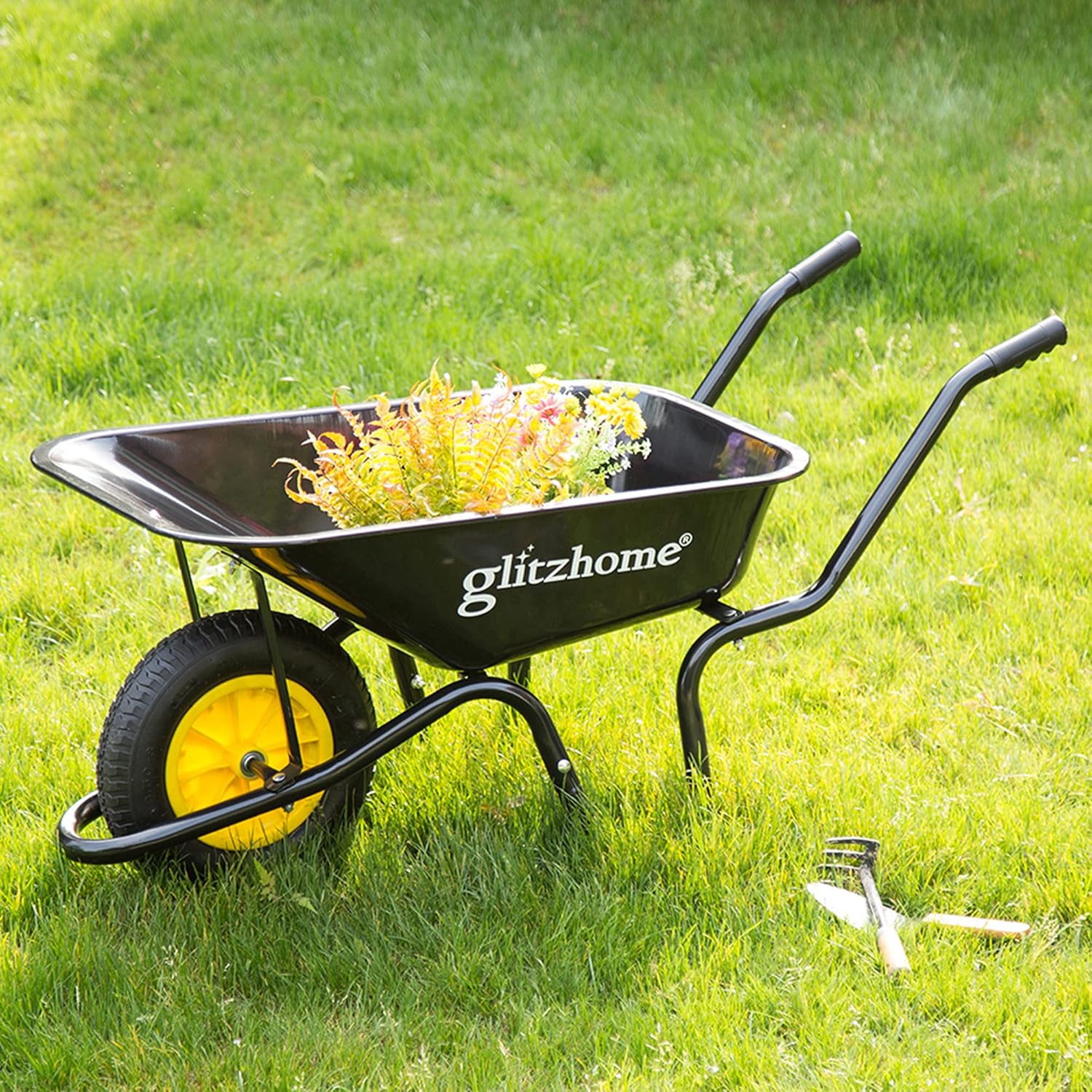 Glitzhome Wheelbarrow Garden Dump Cart with Steel Frame Utility Wagon 5 Cubic Foot 220 lbs Capacity Garden Cart for Lawn Garden Yard Warehouse, Black