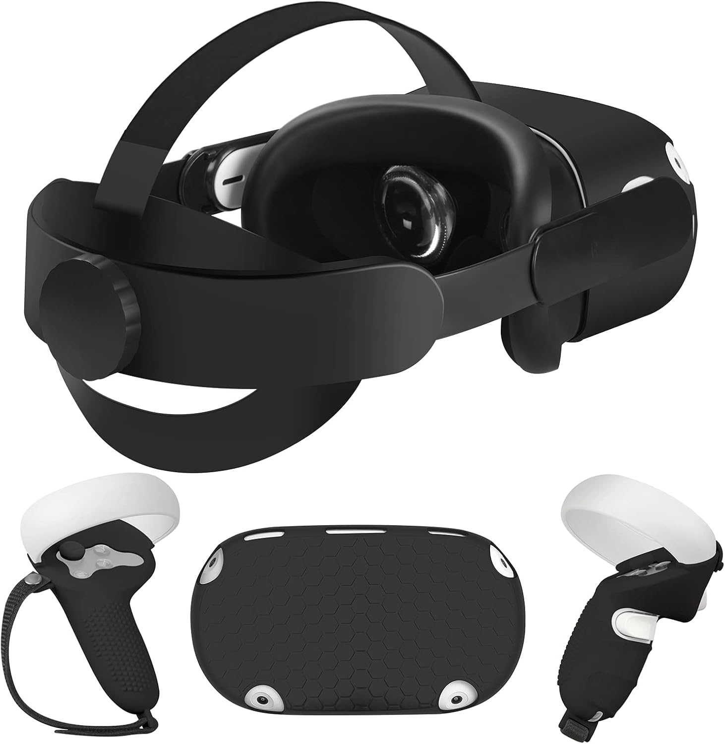 MASiKEN Oculus Quest 2 Accessories 5-IN-1, Meta Quest Replacement Head Strap Kit, VR Shell Front, Face Cover,Controllers Cover, Enhanced Comfort and Support IN VR,New Years Bundle (Cool Black) Pack of 2