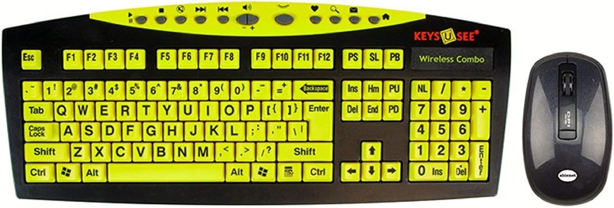 AbleNet Keys-U-See Large Print English USB Keyboard with Wireless Mouse Bundle (USB Receiver Stored Inside Mouse Battery Compartment), Black and Yellow (CD1542) Pack of 2