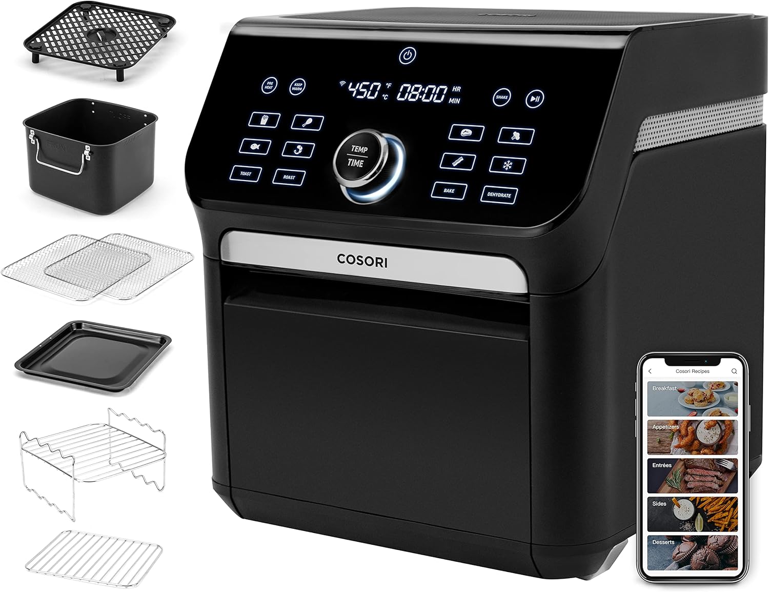 COSORI Air Fryer Toaster Oven Combo 7 Quart, Up to 450℉, 14-in-1 Customizable Functions - Roast, Toast, Bake, Dehydrate, 7 Accessories and 100 Recipes, Voice Control, Max XL Extra Large, 1800W, Black