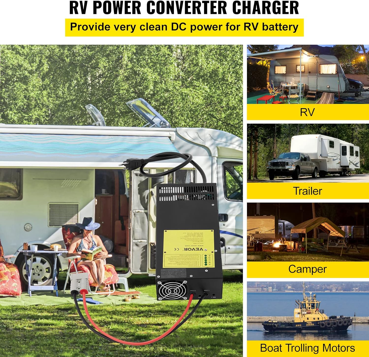 VEVOR RV Power Converter Charger, 110 Volt AC to 12 Volt DC, Power Supply Battery Converter Charger 1500W with 13-16V DC Adjustable Operating Range, Three-Stage Inverter, for RV Trailer Camper 100 Amp