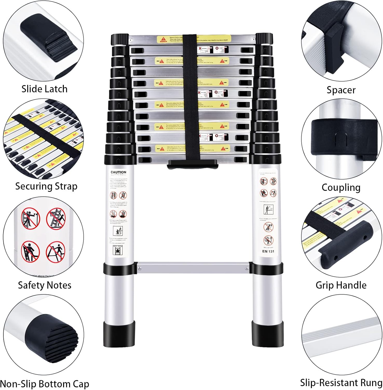 YA MI Telescopic Ladders, EN131 Standards Multi-Purpose Folding Aluminum Extension Ladder(12.5Ft/3.8M)