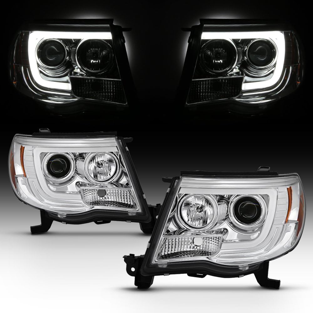 AKKON - For 2005-2011 Toyota Tacoma DRL LED Light Tube Chrome Projector Headlight Assembly L+R