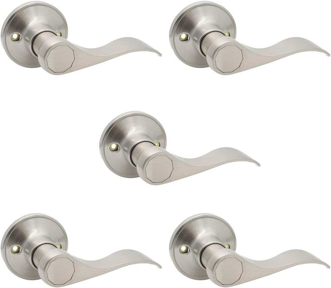 Gobrico 5 Pack Wave Style Keyless Bed Bath Door Locks Levers Satin Nickel Finish Left/Right Handed Interior Door Handles Locksets Pack of 2