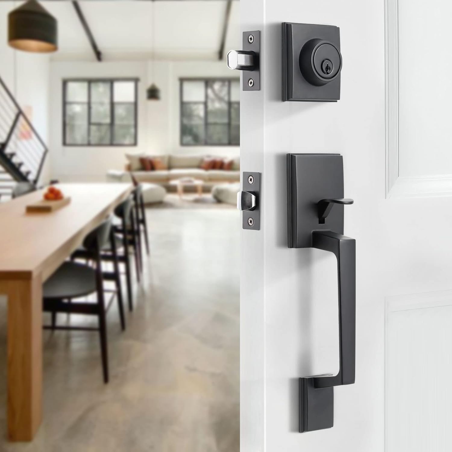 Natsukage Front Door Handle Set Heavy Duty Entry Door Lock Set Matte Black Entrance Handle Set with Lock, with Single Cylinder Deadbolt and Knob Handle, Reversible for Right & Left Handed Doors Pack of 2