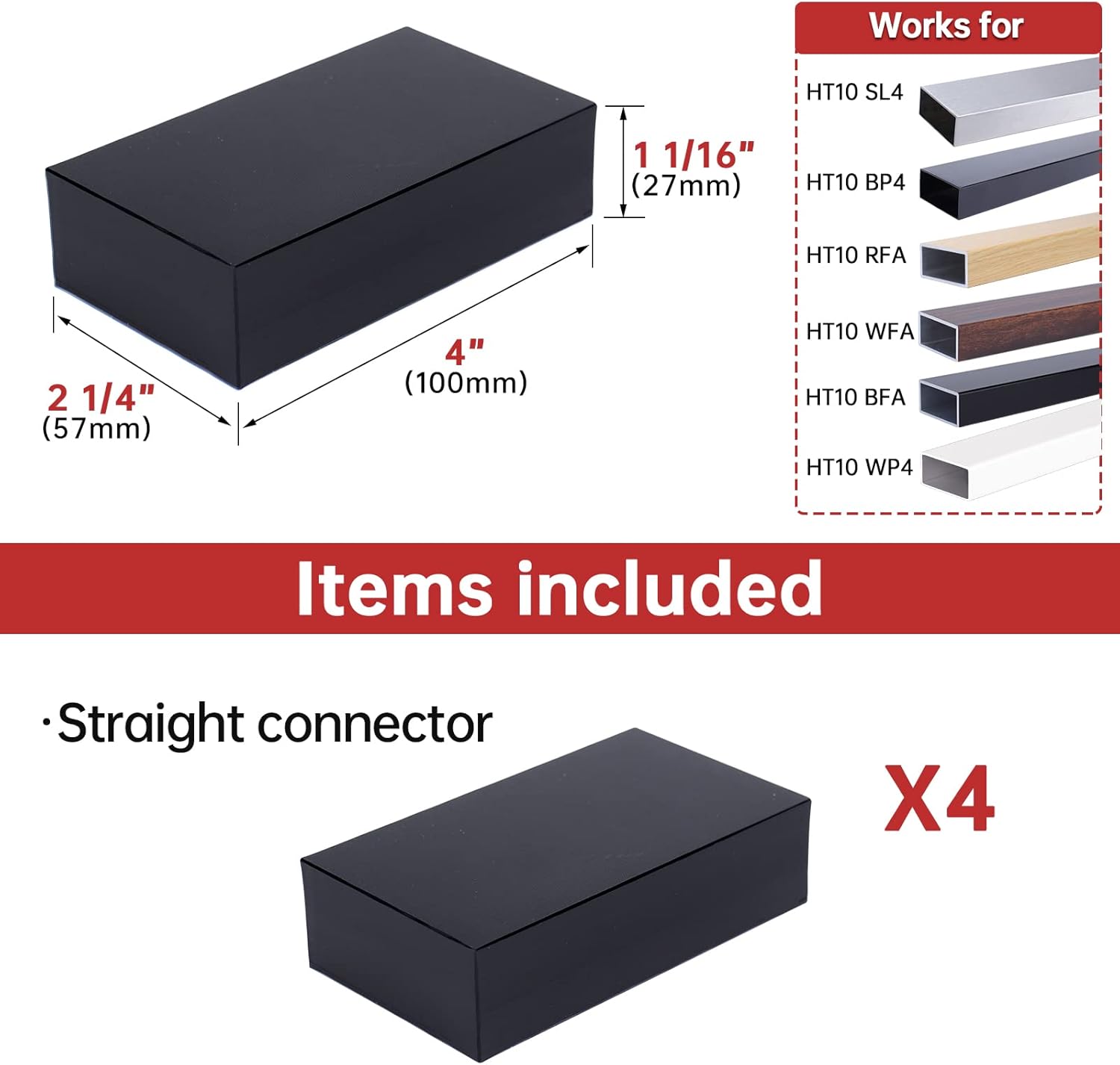 Muzata 4Pack Weldless Handrail Connector high Strength POM- Black Internal Spline for Straight Rectangle Stainless Steel & Aluminum Top Rail- Deck, Stair Railing System, HA01 BNP, HR5, HC1 Pack of 2